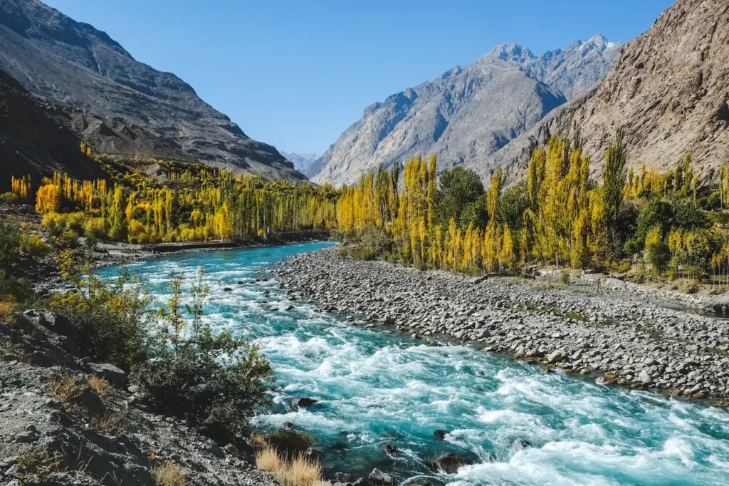 Blue Turquoise Water of Gilgit River Flowing Through Gupis,Pakistan.