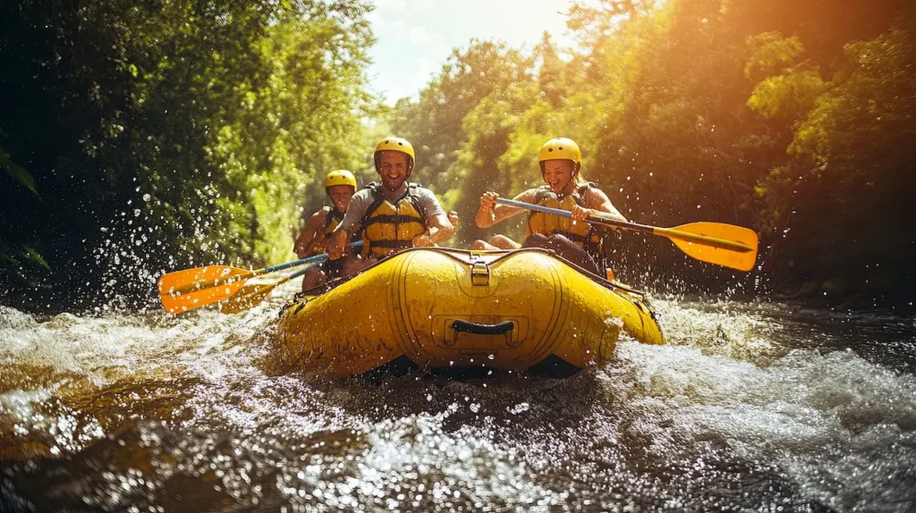 Exciting River Rafting Scene with Team Paddling Through Rapids