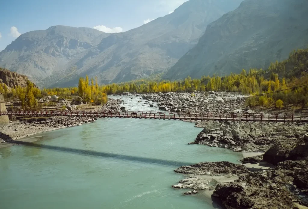 Indus River Flowing Through Mountainous Area in Pakistan